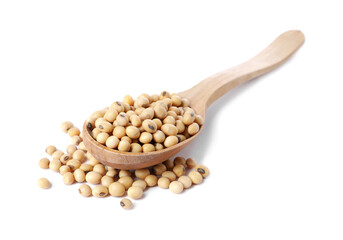 Spoon with soy beans isolated on white