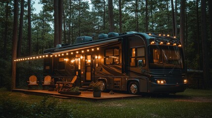 Obraz premium A stylish RV rests peacefully in a tranquil forest, adorned with warm string lights, inviting relaxation amid nature's beauty. Comfortable seating enhances the cozy atmosphere.