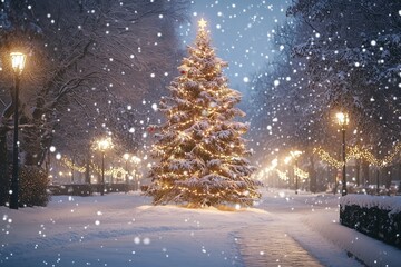 New Year tree in a city park, decorated with lights and bright ornaments, snow all around, joyful holiday atmosphere