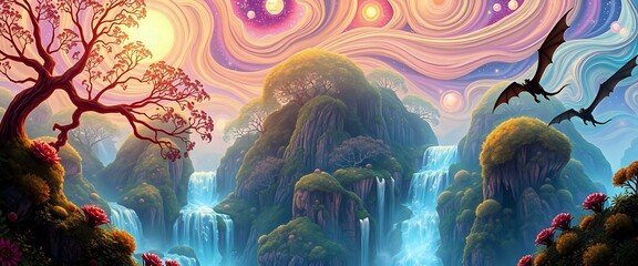 Obraz premium Dual Dragons Soar Over Iridescent Fantasy Landscape