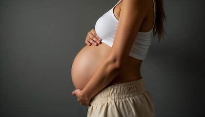 A pregnant woman in a white top gently holds her belly, symbolizing anticipation and the beauty of motherhood. The serene image captures the essence of pregnancy and expectations.

