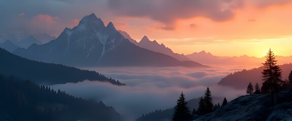 Sunset Over Misty Mountain Range at Dusk