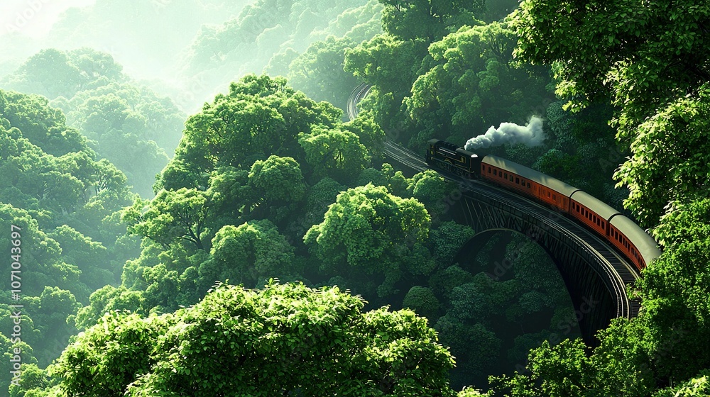 Poster a train traverses a bridge amidst a dense forest with tall trees on either side