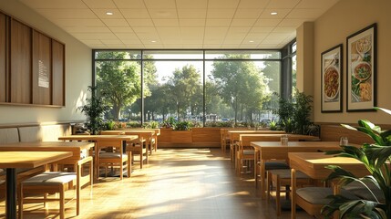 Fototapeta premium The spacious dining area features wooden tables and chairs, filled with natural light coming from large windows. Verdant plants are placed strategically, enhancing the ambiance.