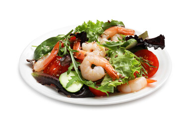 Delicious shrimp salad with vegetables isolated on white