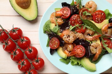 Delicious shrimp salad and ingredients on white wooden table, flat lay