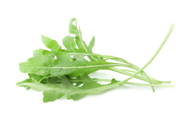 Many fresh arugula leaves on white background