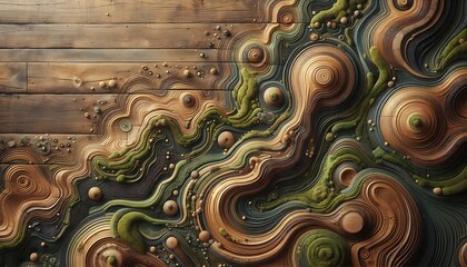 wooden design background with organic waves and moss