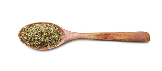 Dried oregano in wooden spoon isolated on white, top view