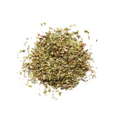 Heap of dried oregano isolated on white, top view