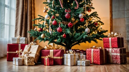 Árbol navideño gigante con regalos distribuidos en el suelo
