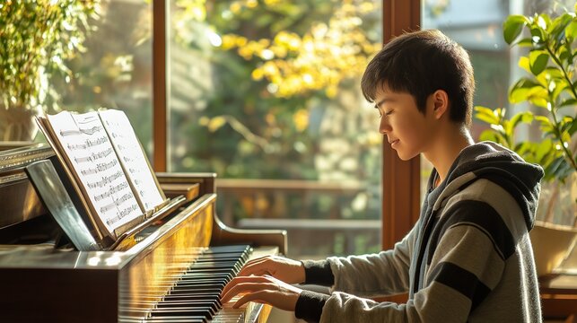 music student practicing piano in a quiet, sunlit room with sheet music and instruments surrounding them