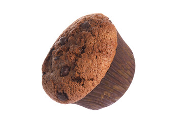 Delicious sweet muffin with chocolate chips isolated on white