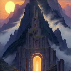 Fototapeta premium Castle Ruins at Sunset Over Village