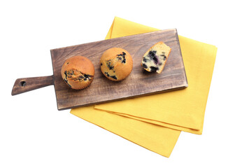 Delicious sweet muffins with blueberry isolated on white, top view