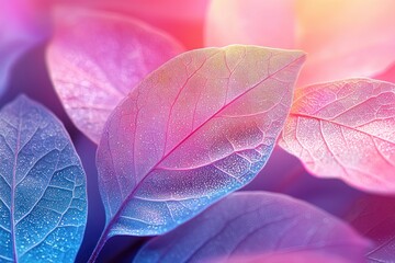 Close-up of Delicate, Dew-Covered Leaves in Vibrant Pink and Blue Hues