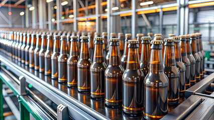 A bustling brewery features numerous dark beer bottles on a conveyor belt, actively being filled and capped in a clean, well-lit environment