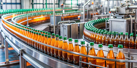 Bottles filled with amber liquid move along a conveyor belt in a bustling factory, highlighting the automated process of beverage production