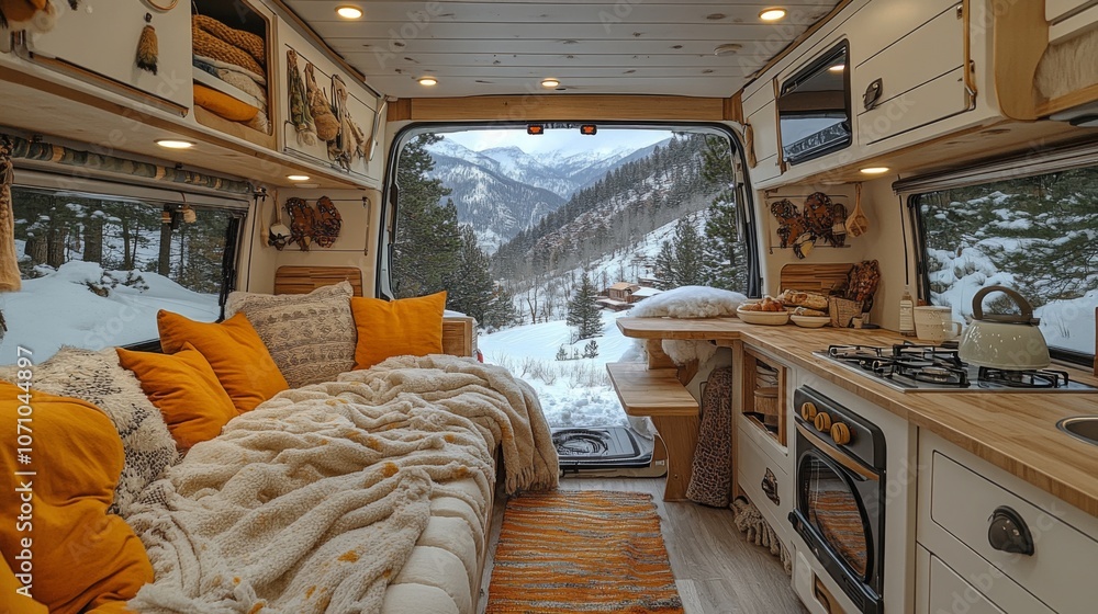 Poster inside a van, decorated with warm textiles and soft lighting, a cozy atmosphere is created while a s