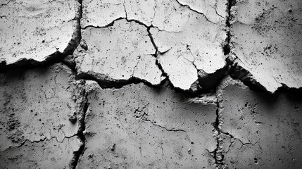 Cracked surface of concrete, showcasing texture and wear.