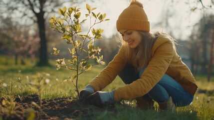 Woman carefully planting a young tree in the park, bright spring nature around, gentle breeze, sunlight