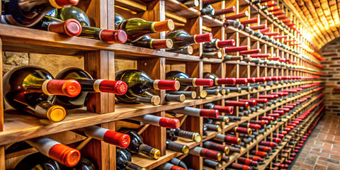 Fototapeta premium Rows of wine bottles line sturdy wooden racks in a cozy cellar, illuminated by soft lighting that creates an inviting atmosphere for wine enthusiasts