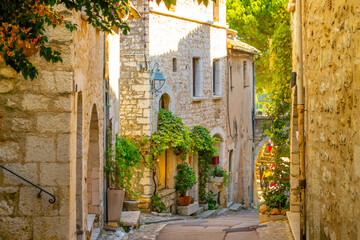 One of the many narrow cobblestone walkways, arched tunnels and paths in the hilltop medieval...