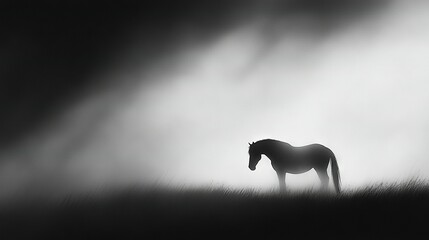 Horse in foggy field with head turned