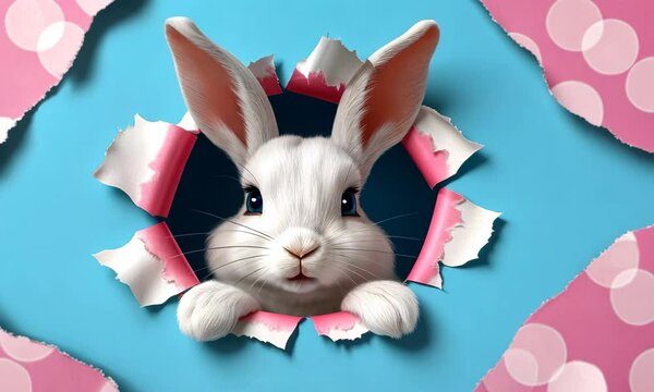 A white bunny with blue eyes peeks through a torn pink paper hole against a blue background. Copy space Easter greeting card