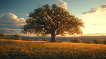 A solitary oak tree stands tall on a grassy hill at sunset, with a rolling landscape in the background.