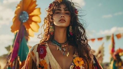 Fototapeta premium A model in boho-inspired clothing with loose fabrics