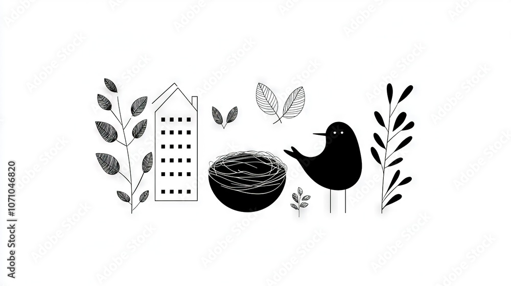 Poster drawing a bird with a nest in its beak and a house in the background in black and white
