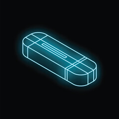 Blue neon style icon of an eraser glowing on black background