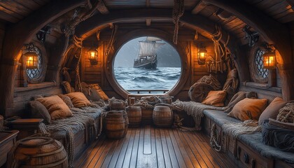 Fototapeta premium Cozy wooden pirate ship interior, lit by warm lanterns, filled with ropes, barrels, and nautical tools, ocean view from the windows