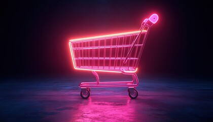 Neon pink shopping cart icon glowing against a dark backdrop, minimalistic design