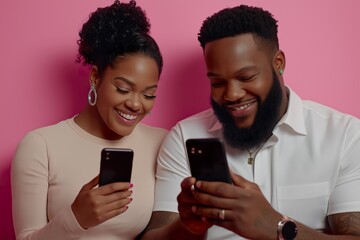 Couple shares smiles and smartphones in a bright, casual setting