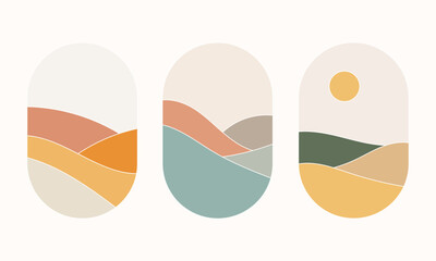 An abstract minimalist landscape with wavy lines depicting mountains. Pastel colors and soft lines create a calm atmosphere and are perfect for modern decor.