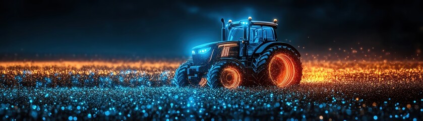 Obraz premium Tractor hologram, blue tech glow, farming innovation, digital agriculture concept