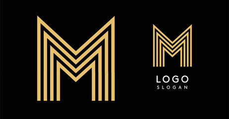 Geometric golden letter M with concentric lines on black background. Sleek sophisticated logo design. Luxury, modernity, elegance logotype for premium branding, corporate identity.Vector illustration.