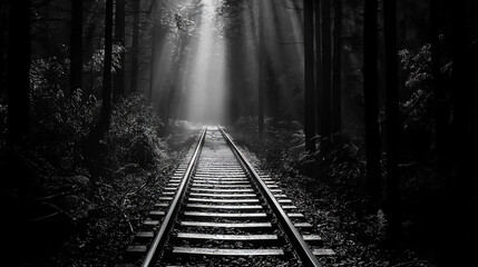   A monochrome picture of a train trail amidst woodlands with beams of sunshine piercing the foliage