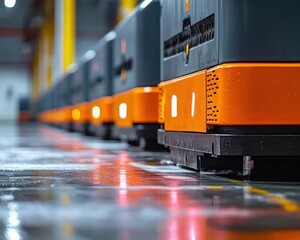 A wideangle shot of automated guided vehicles AGVs navigating a warehouse, Automation, Advanced and precise