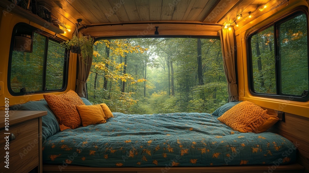 Poster inside a cozy van, a comfortable bed adorned with colorful pillows offers a view of a tranquil fores