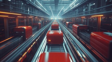 Fototapeta premium A wideangle view of conveyor systems transporting items in a fulfillment center, Automation, Systematic and busy