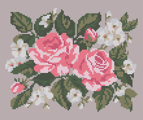 Cross Stitch Rose Flowers, Floral Embroidery Pattern
