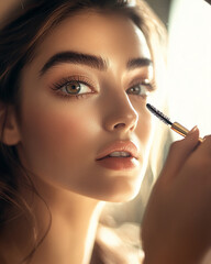 Obraz premium A woman applies mascara to her eyelashes while looking intently into the mirror