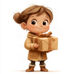 Watercolor illustration of  Charming child holding a gift box, dressed warmly, and ready for winter festivities with a smile.