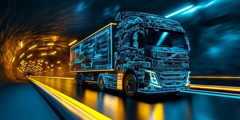 Futuristic Semi Truck Digital Overlay Technology Transportation Tunnel