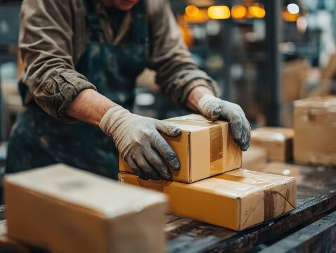 A worker preparing packages for fulfillment by Amazon FBA, ECommerce, Active and systematic