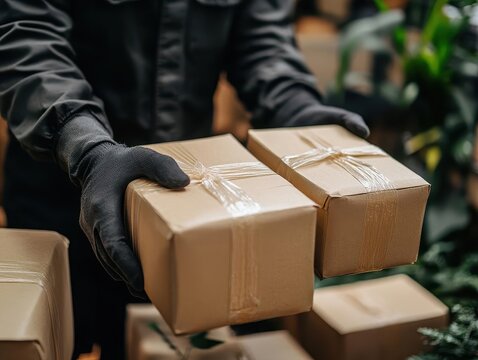 A worker preparing packages for fulfillment by Amazon FBA, ECommerce, Active and systematic