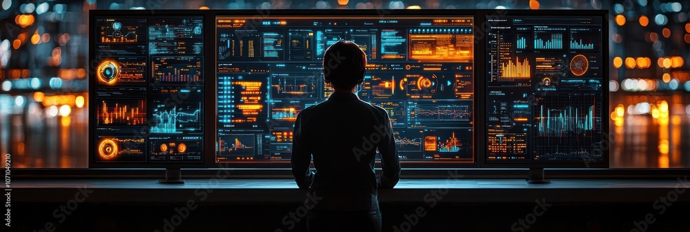 Poster a person observing data on multiple monitors in a dark room